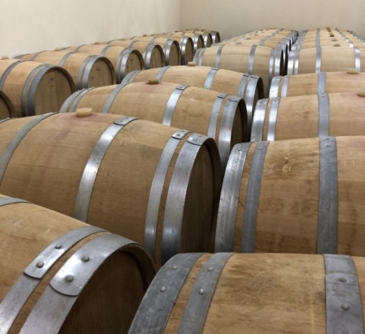 Alignement de barriques en bois dans un chai pour l’élevage du vin